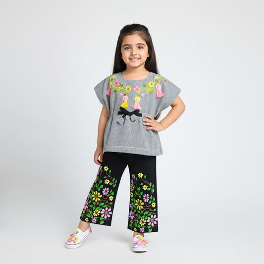 Embroidered Top with Printed Bottom