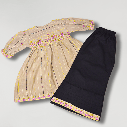Embroidered Beige Frock with Black Trouser