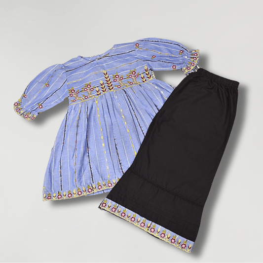 Embroidered Blue Frock with Black Trouser