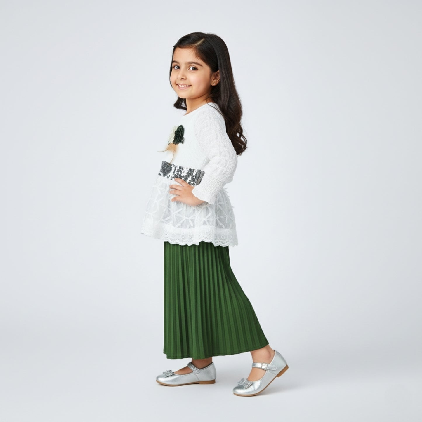 Sequin Lace Top with Pleated Trouser